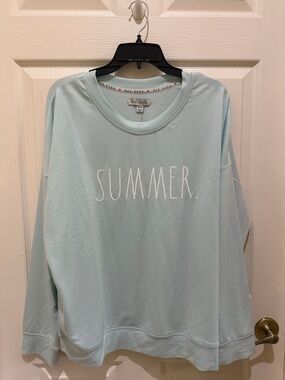 Rae Dunn Light Blue Sweatshirt with White "SUMMER."